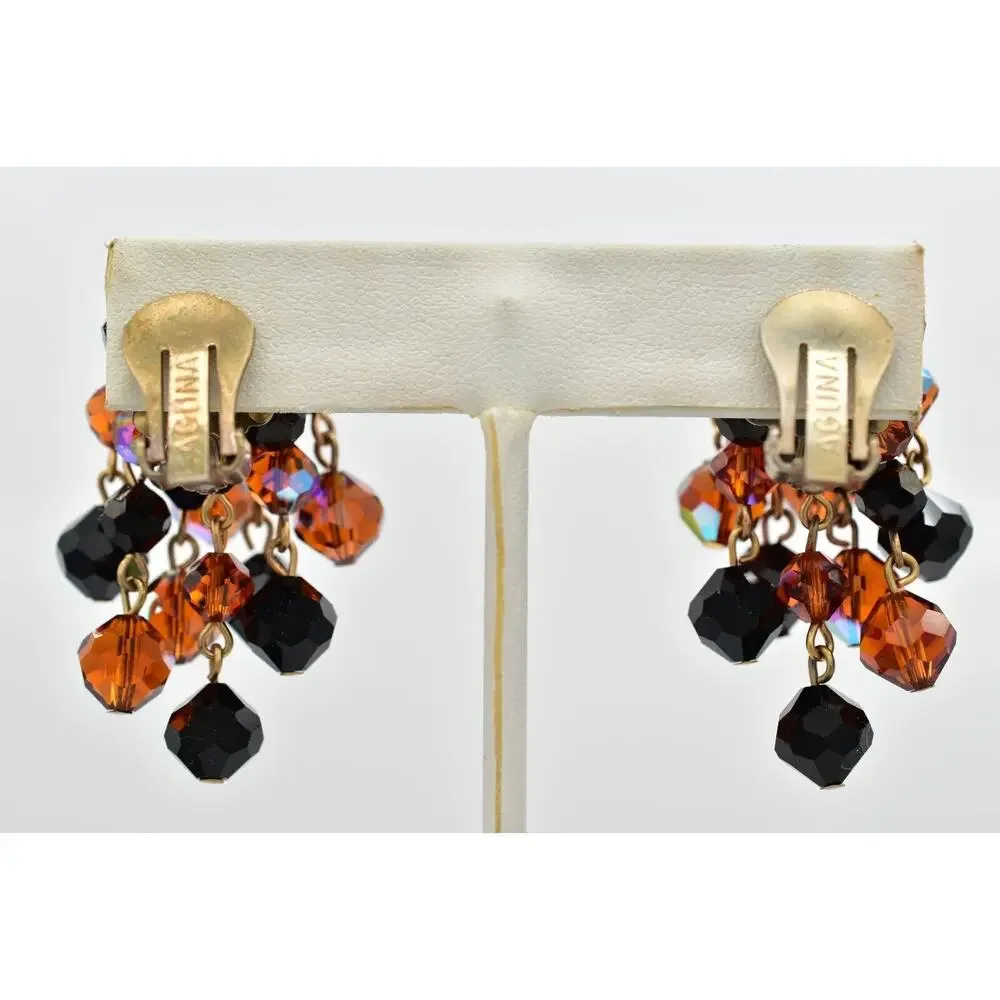 Laguna Vintage Clip On Crystal Earrings Chandelier Black Orange Signed 1950s A24